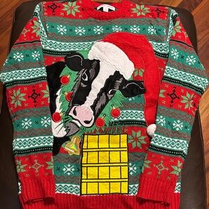 Ugly Christmas Holiday Sweater, drink pocket, Festive Cow, Red and Green Mens S
